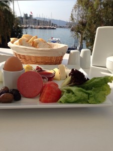 A typical Turkish breakfast on the Bodrum marina.