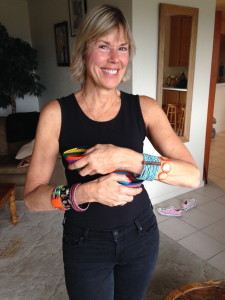 Liz Chapin models Valentine's Day bracelets and baskets bought in Capetown last week.