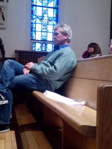 "Meditating" during a service in a Gloucester, MA, church. (Photo: Susan Chapin)