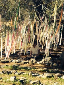 Meditating under the prayer flags at the Peace Labyrinth on the Sacramento River Trail.
