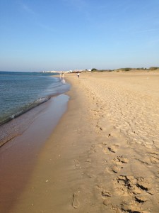 The now-Naked Idiot begins his walk on the sand towards Le Cap d'Agde.