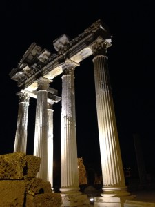 The Temple of Apollo in Side lights up the town.
