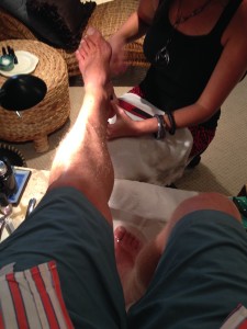 The Idiot takes care of his feet while away from the path.