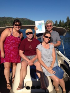 Four of the six members of the Redding (CA) Team Tango relay team prepare to work out in Whiskeytown Lake.