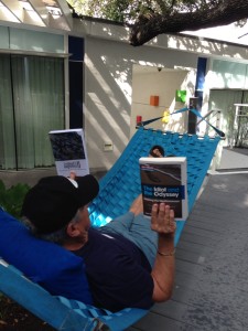 The Idiot discusses his books while relaxing on a hammock made from recycled Jaguar seat belts at the Kimber Modern Hotel in Austin, TX.