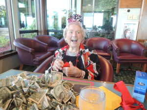 The parties kicked off earlier this month when one friend gave the old lady 95 one-dollar bills. (Photo: Marc Beauchamp)