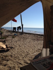 Agricultural workers graciously invited us into their cramped, mosquito-filled tent for afternoon tea.