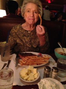 "My hairdresser said that at my age I can eat anything I want to," said The Idiot's mother as she lathered her steak and fries with butter.