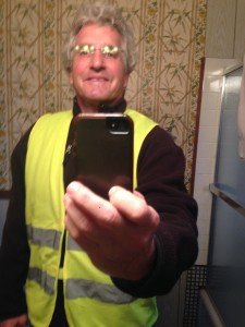 The Idiot hopes his high visibility safety vest will ward off bears, cars and copycats.