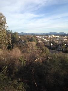 The view towards the YMCA from The Idiot's suspended deck on the west side of the railroad tracks in Redding, CA.