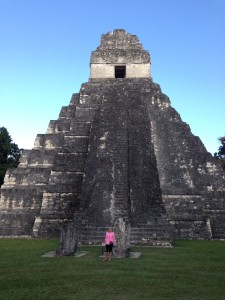 Liz Chapin at the bottom of a Tikal temple.
