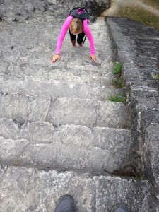 Liz Chapin follows the Idiot on a climb up a Tikal temple.