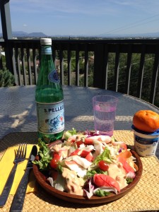 He made it home to make a simple seafood salad -- topped off with yoghurt and an orange -- for lunch.