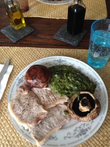 The dinner he made for himself and a guest included pork loins, Portobello mushrooms and spinach.