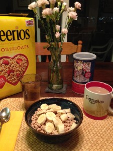 The Idiot kicked off Easter with his typical breakfast: Cheerios, a banana, skim milk and low-acid coffee.