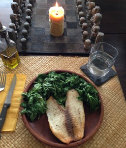 A light evening dinner featured tilapia and spinach.