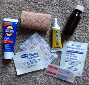 The Idiot's first aid kit takes care of scratches, cuts and blisters. The small bottle is New-Skin Liquid Bandage.