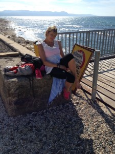 Liz Chapin catches her breath near Argaka in western Cyprus.