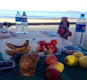 Breakfast on Caretta Beach included  tomatoes, bread, bananas, almonds, dates, pears, apples and other treats reqiuired for a long seaside MedTrek.