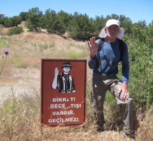 Off-limit Turkish military bases and forbidden zones are a frequent sight in the TRNC. Cyprus-born MedTrekker Michael de Glanville, who provides The Idiot with a wealth of anecdotes and information regarding the island country, poses near a "Forbidden Zone" sign on the path to the Vouni palace ruins.