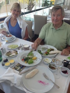 MedTrekkers Liz Chapin and Michael Knipe enjoy a luscious lunch to celebrate the completion of the MedTrek around Cyprus.