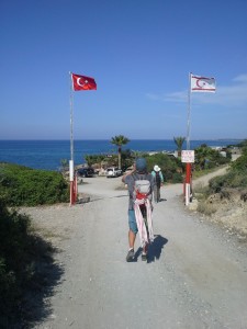MedTrekking in the Turkish Republic of Northern Cyprus (which is recognized only by Turkey) where Turkish and TRNC flags fly next to each other. (Photo: Liz Chapin)