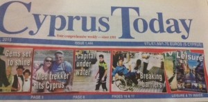 The front page of Cyprus Today plugged the "MedTrekker Hits Cyprus" article.