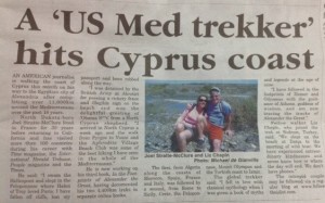 The "Cyprus Today" story entitled "A US MedTrekker Hits Cyprus Coast" was promoted on the newspaper's front page.