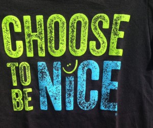 The Idiot found "Choose To Be Nice" Ts at the Gloucester (MA) Waterfront Festival.  The logo was created by Dina Creiger following the Boston Marathon Bombings "to encourage and inspire kindness." They  would sell like hot socca to Nicois  in the south of France.