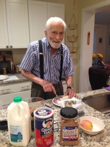 Elliott Thompson, 103, prepares a hearty, healthy oatmeal breakfast for The Idiot before he drives from Fairfax, VA, to Boston, MA. 