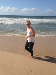 Sara takes a break from an archeological dig in Egypt to walk like an Egyptian on the Mediterranean Sea  in Israel.