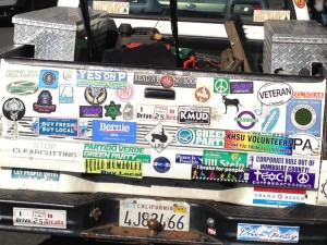 The back of a pickup truck parked on the Arcata Plaza conveys one citizen's political and social stance.