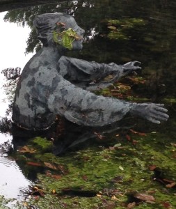 This pond in Christchurch includes a new LofR character -- a blindfolded sculpture playing Marco Polo.