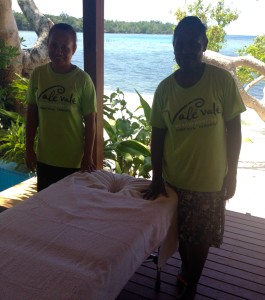 Leiwia and Jocyline prepared their massage table for The Idiot on the South Pacific Ocean archipelago of Vanuatu.