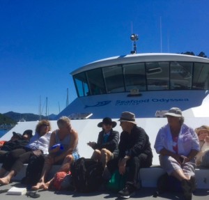 The Idiot takes a boat called the Seafood Odyssea on Marlborough Sounds with members of his Stanford alumni tour.