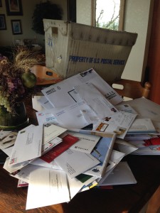 The Idiot opens 90% of his mail because, well, you never know.  In the tub following his recent trip, 27.8% of 231 opened envelopes want money (mainly charities); 20.7% concern money (bills, tax information and statements); 15% are totally random solicitations for money (new credit cards, advertisements, off-the-wall offers); 15% are publications; 12% are personal cards and letters; 4.5%  contain money; and 5% is "other."  All but 5% of entire pile has been recycled.