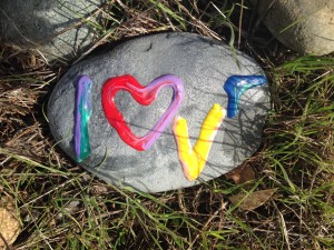 A 2016 Valentine's Day look at the LOVE rock that The Idiot left in the Peace Labyrinth on the Sacramento River Trail in Redding, CA, on three years ago. The L and the E are both chipped.