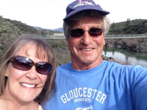 Taking a selfie with Leslie Williams Schwerdt just before crossing the  420-foot-long ribbon bridge during a leisurely 6-mile loop walk on the Sacramento River Trail in Redding, CA.