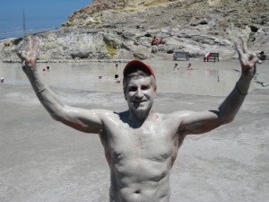 The Idiot took a welcome jump in the Med after a volcanic sulfur-smelling mud bath in Sicily.