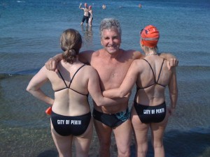 Training with two Australians before the swim across the Hellespont in Turkey.