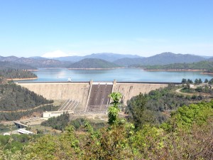 Sunny April Fool's Day at Shasta Dam north of Redding, CA., looking on to sparkling Shasta Lake and snow-capped Mount Shasta.