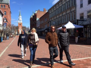 The Idiot, his partner Liz Chapin, his son Luke and his brother Kip enjoy a chilly walk down Church Street in Burlington, Vermont.