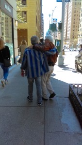 Giving Columbia School of journalism classmate Harry Stein a goodbye hug before leaving New York. (Photo: Liz Chapin)