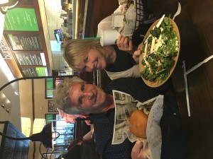 What do The Idiot and partner Liz Chapin choose to eat at Wahlburgers in the Hingham (MA) Shipyard for their last meal together after a month on the East Coast?  Think spinach salad, portobello mushrooms and a half-pound O.F.D. (Originally from Dorchester) burger. (Photo: Aaron Smith)
