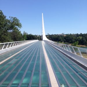 The usually popular Sundial Bridge is surfaced with translucent structural glass that makes it a hot crossing on a summer day with temperatures over 100 °F.