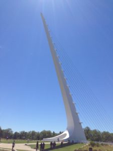 The 217-foot pylon of the Sundial Bridge at 11:50 a.m. on Monday, June 20. It points due north at a cantilevered angle and serves as the gnomon of a mammoth sundial.