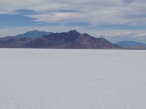 Looking beyond the Utah Salt Flats at nearby mountains.