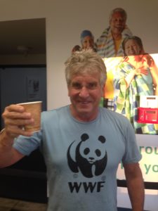 The smiling Idiot leaves the YMCA in Redding, CA, to promote the WWF and the plight of the panda.