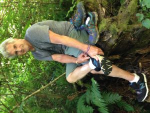 Changing shoes for the last two miles of the Redwood Creek Trail rehab hike.