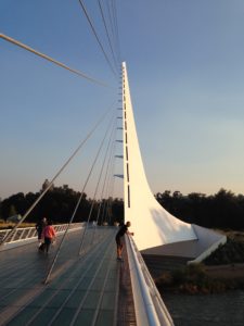 The Good: A sparkling sunrise on the Sundial Bridge, the main tourist draw in Redding, CA.